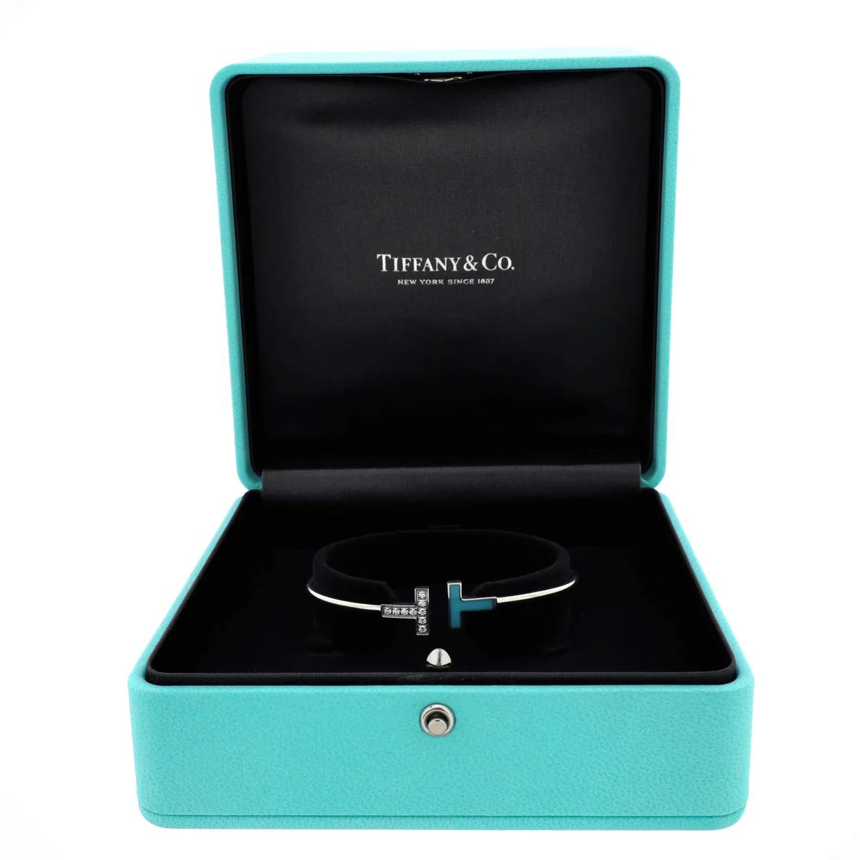 T Wire Bracelet 18K White Gold with Diamonds and Turquoise - Deep Luxury
