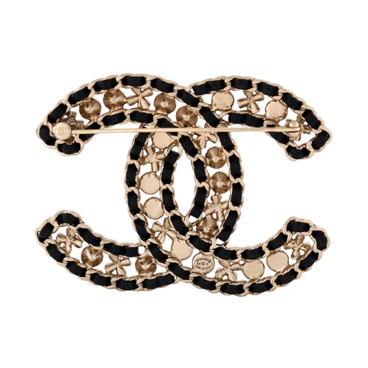 CC Chain Brooch Metal and Leather with Crystals and Faux Pearl - Deep Luxury