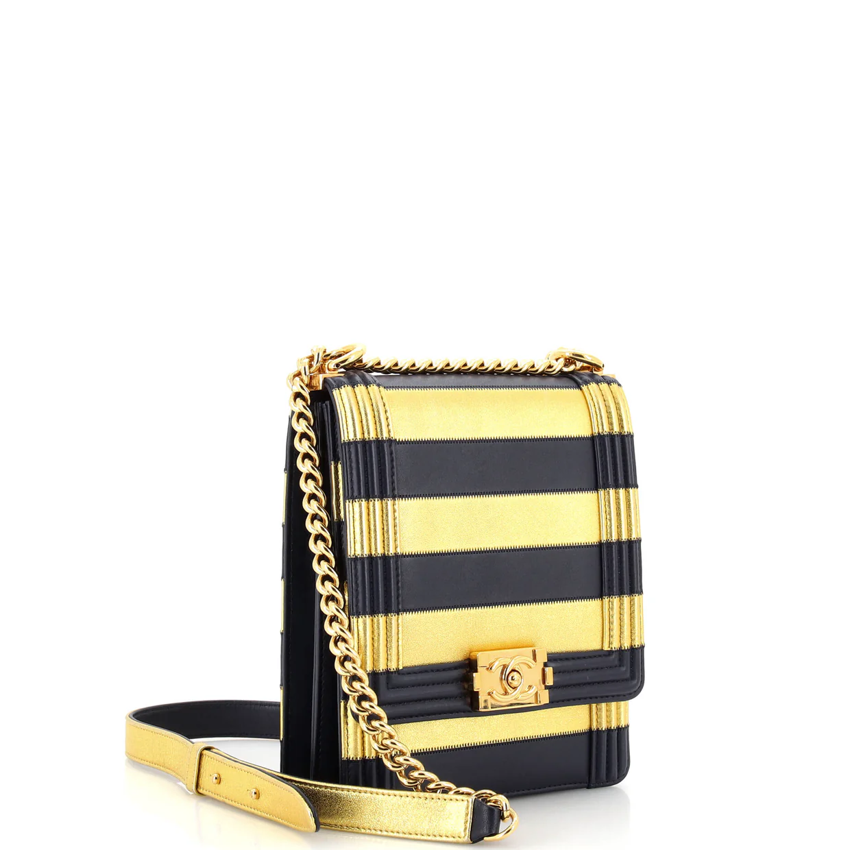 Paris-New York North South Boy Flap Bag Striped Lambskin Small - Deep Luxury