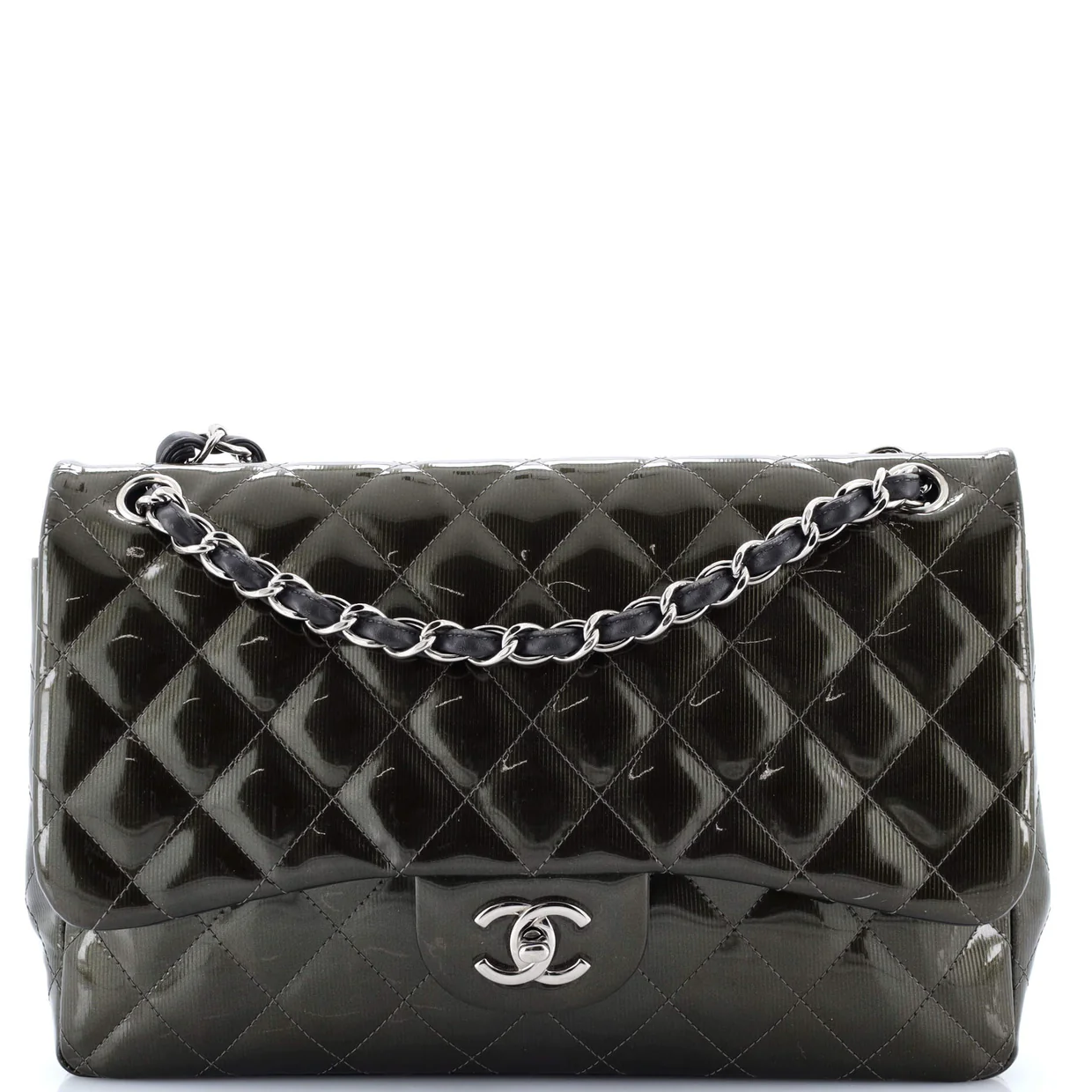 Classic Double Flap Bag Quilted Striated Metallic Patent Jumbo - Deep Luxury
