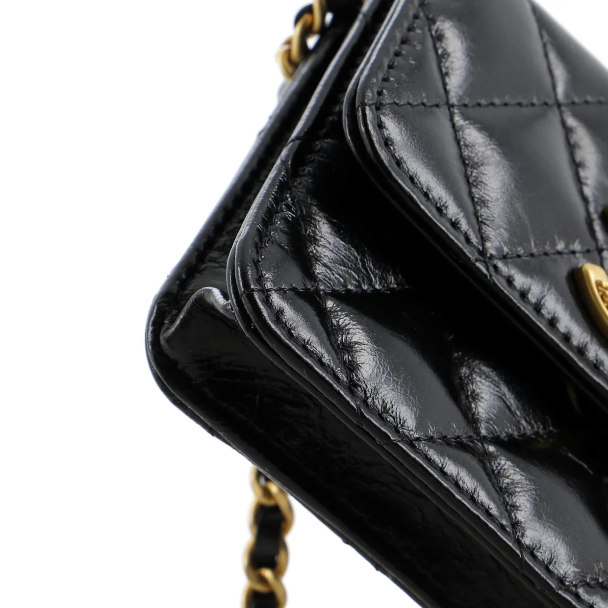 Textured CC Card Holder on Chain Quilted Shiny Calfskin - Deep Luxury