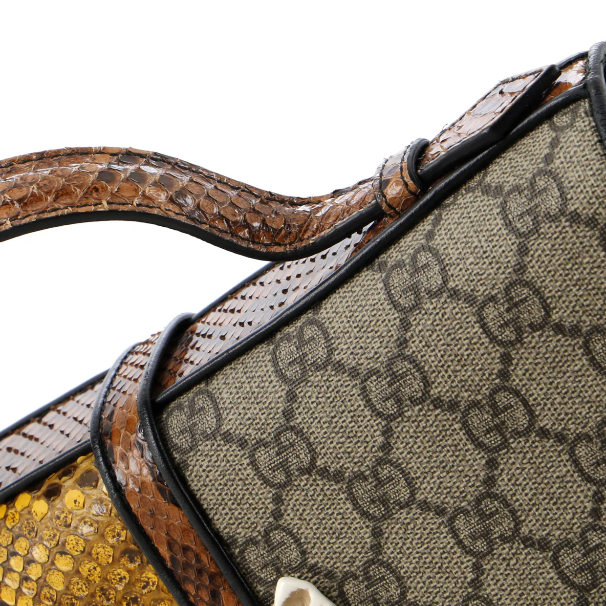 Feline Face Top Handle Bag GG Coated Canvas and Python Small - Deep Luxury