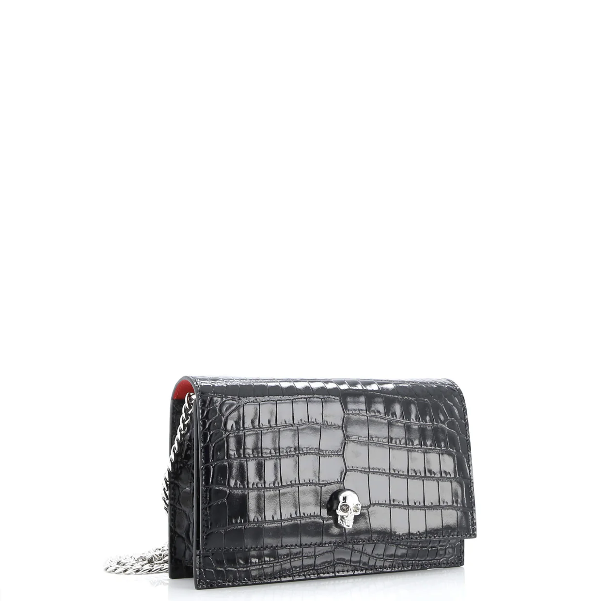 Skull Chain Crossbody Bag Crocodile Embossed Leather Mini - Deep Luxury
