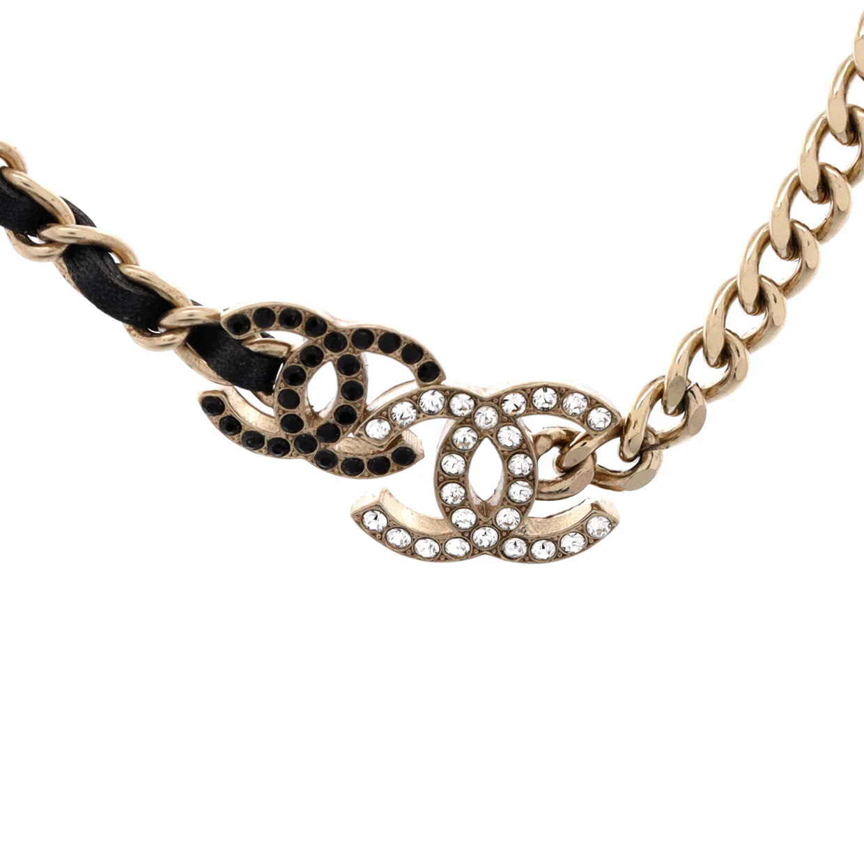 Double CC Chain Choker Necklace Metal with Leather and Crystals - Deep Luxury