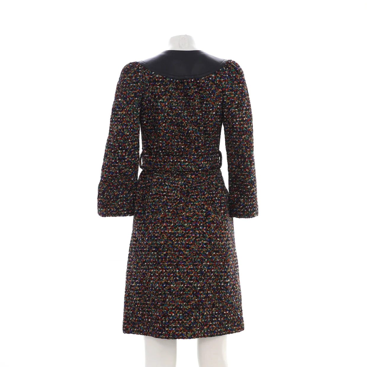 Women's Collarless Belted Long Coat Tweed with Leather - Deep Luxury
