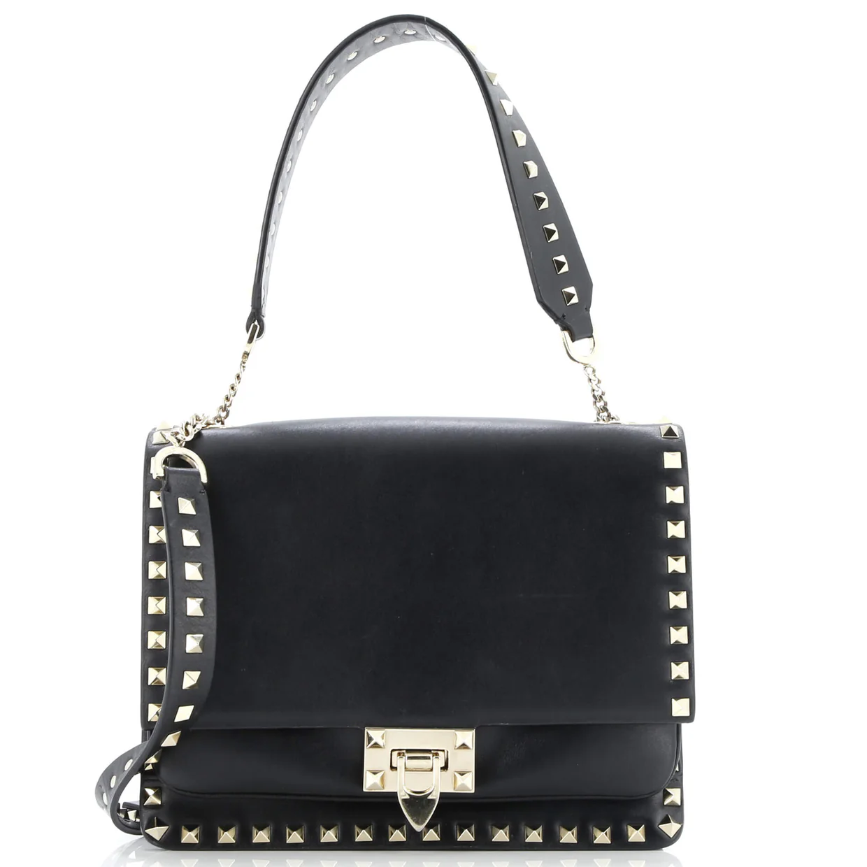 Rockstud Flip Lock Flap Top Handle Bag Leather Small - Deep Luxury