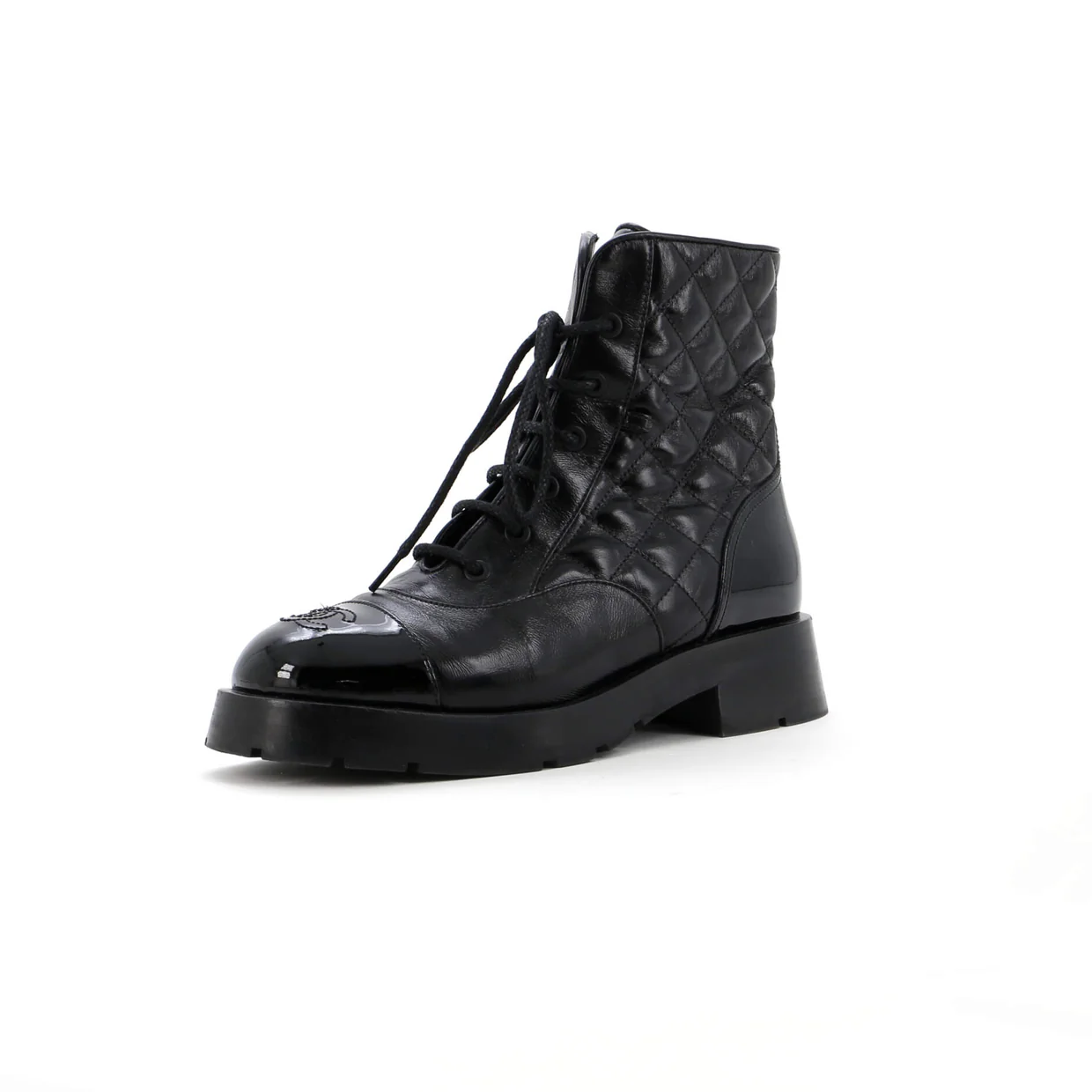 Women's Charm Chain CC Cap Toe Combat Boots Quilted Leather - Deep Luxury