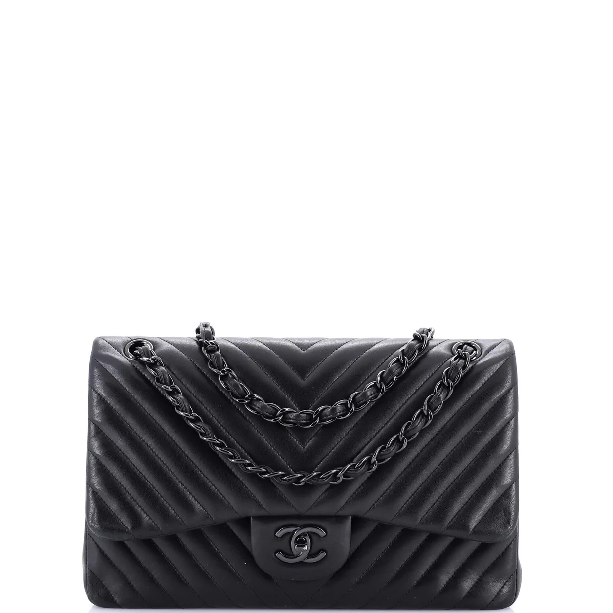 So Black Classic Double Flap Bag Chevron Lambskin Jumbo - Deep Luxury