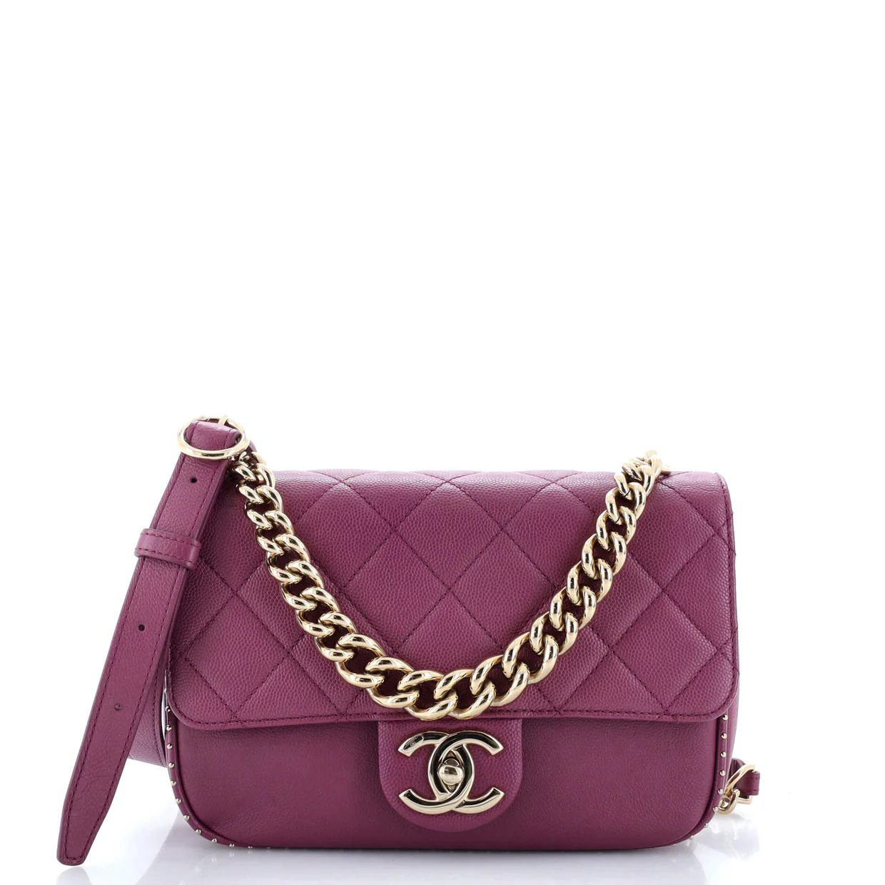 Chain Handle CC Flap Bag Quilted Caviar with Studded Detail Small - Deep Luxury