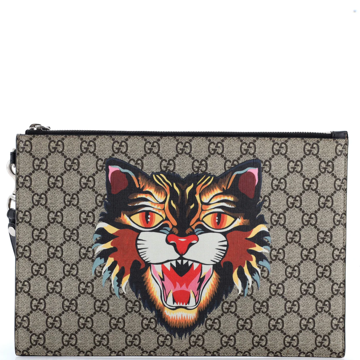 Zipped Pouch Angry Cat GG Coated Canvas Large - Deep Luxury
