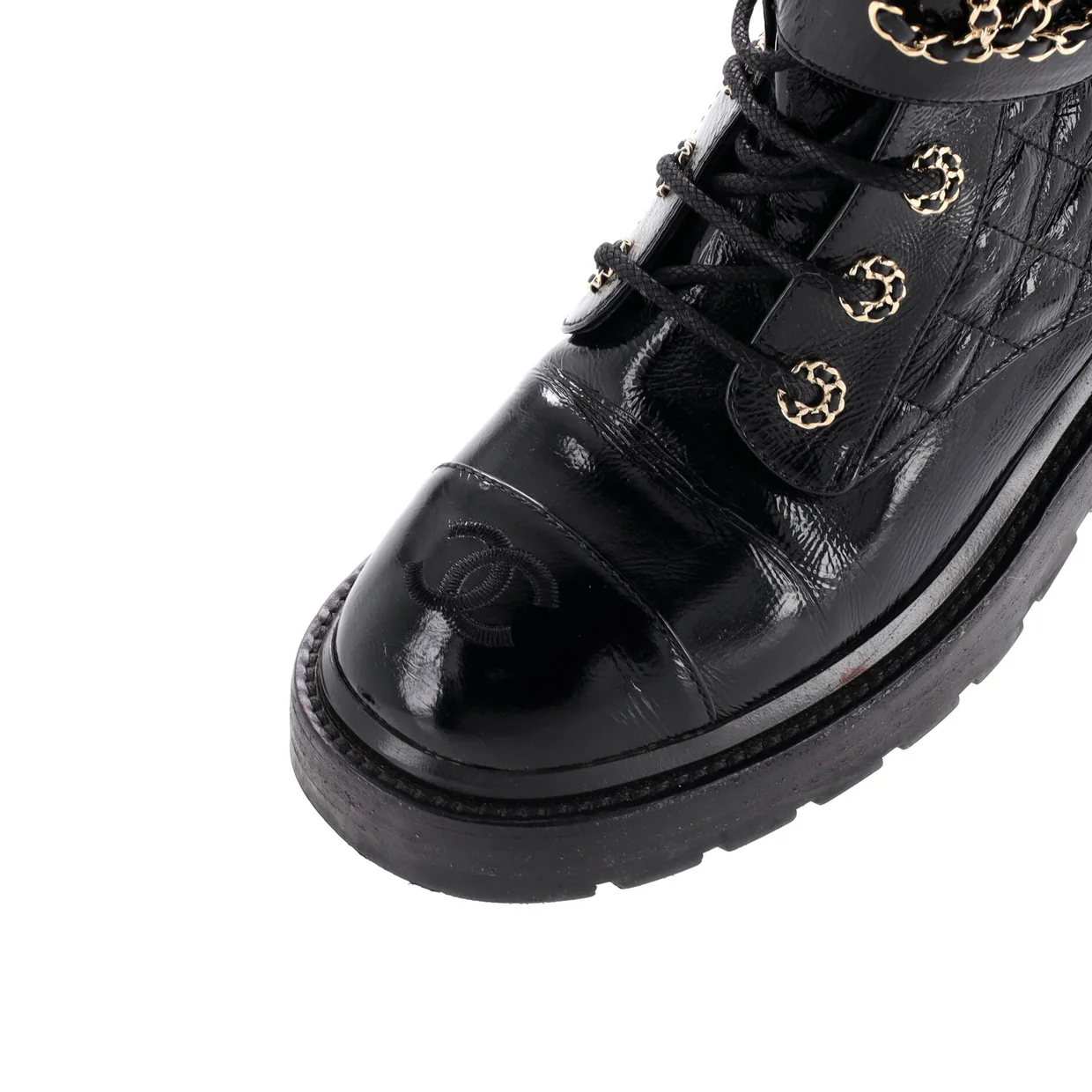 Women's Chain CC Cap Toe Lace Up Combat Boots Quilted Shiny Calfskin - Deep Luxury
