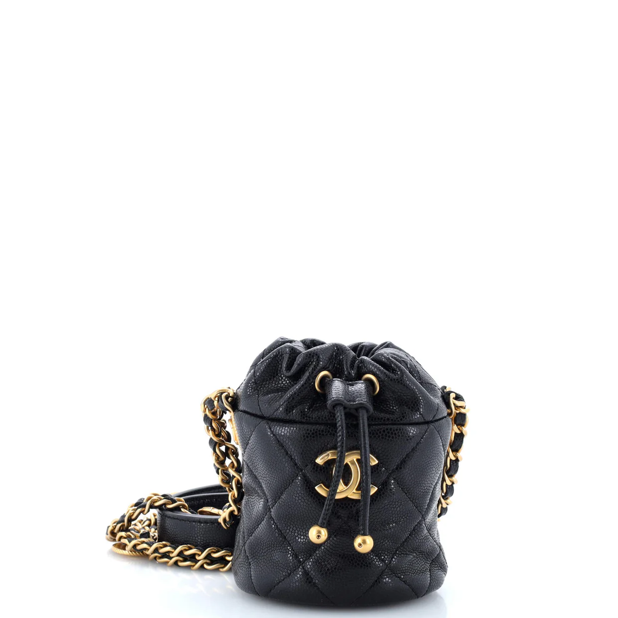 Twist Your Buttons Drawstring Bucket Bag Quilted Caviar Mini - Deep Luxury