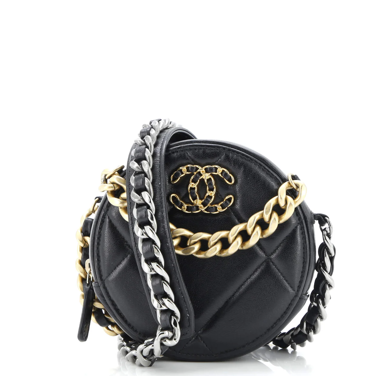 19 Round Clutch with Chain Quilted Leather - Deep Luxury