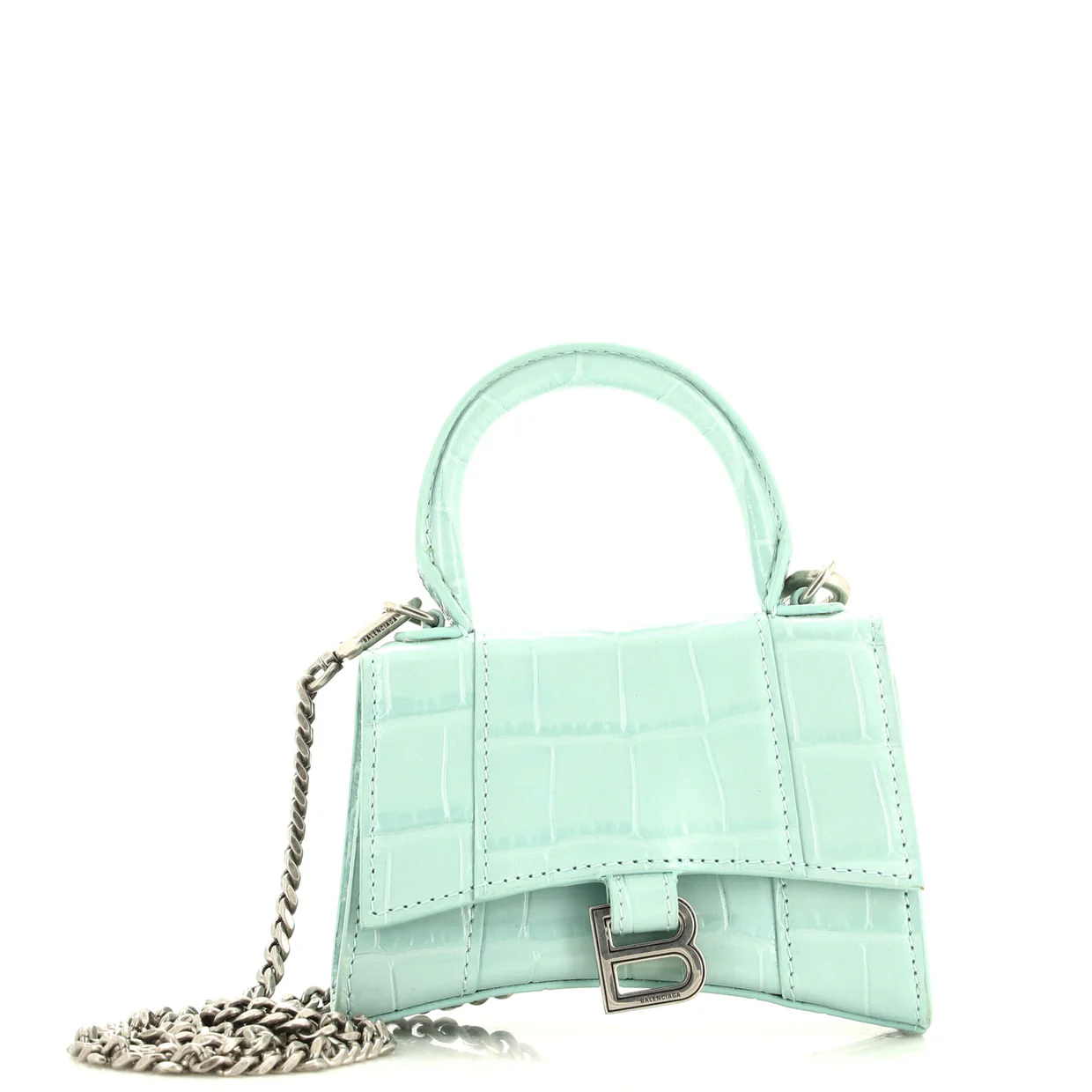 Hourglass Chain Top Handle Bag Crocodile Embossed Leather Mini - Deep Luxury