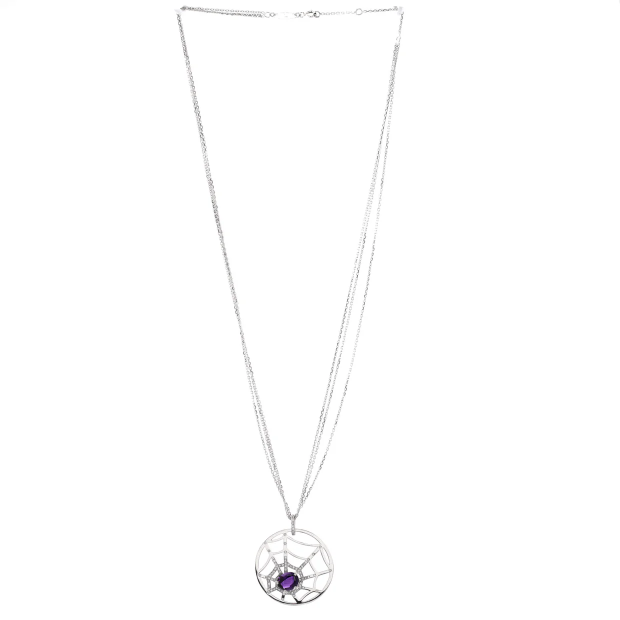 Attrape-Moi Spider Web Pendant Necklace 18K White Gold with Diamonds and Amethyst Large - Deep Luxury