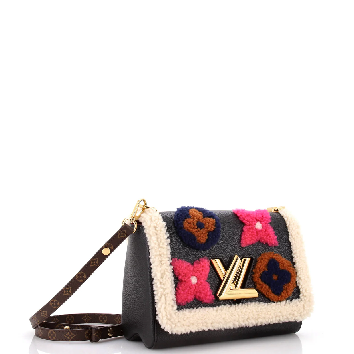 Twist Handbag Leather and Monogram Teddy Shearling MM - Deep Luxury