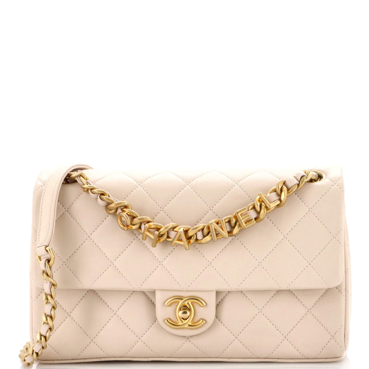 Logo Letters Chanel Touch Chain Flap Bag Quilted Lambskin Medium - Deep Luxury