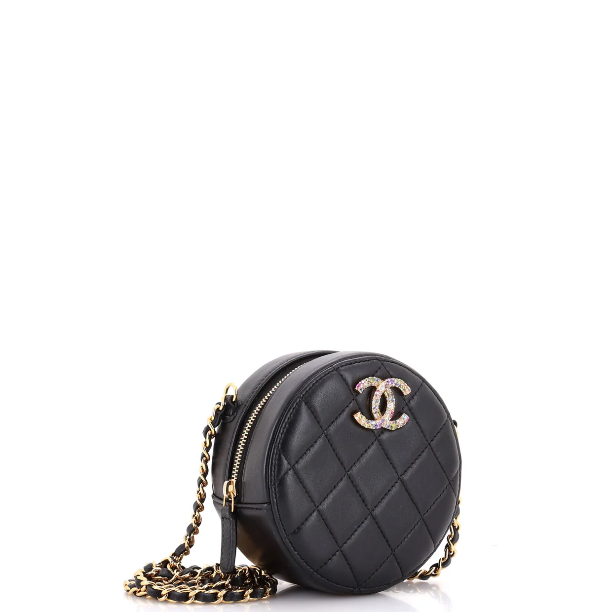 Round Clutch with Chain Quilted Lambskin with Zirconium - Deep Luxury
