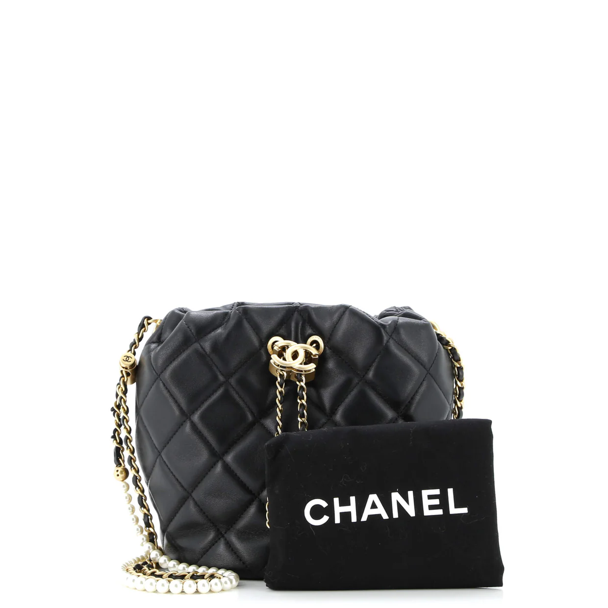 My Perfect Chain Bucket Drawstring Bag Quilted Lambskin with Faux Pearls - Deep Luxury