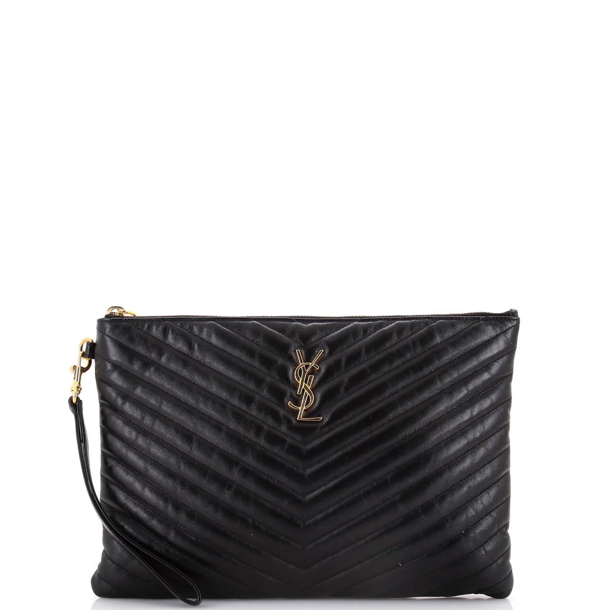 Classic Monogram Wristlet Pouch Matelasse Chevron Leather Medium - Deep Luxury