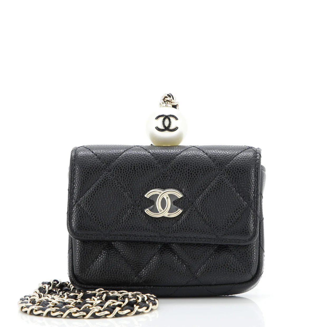 CC Pearl Coin Card Holder with Chain Quilted Caviar - Deep Luxury