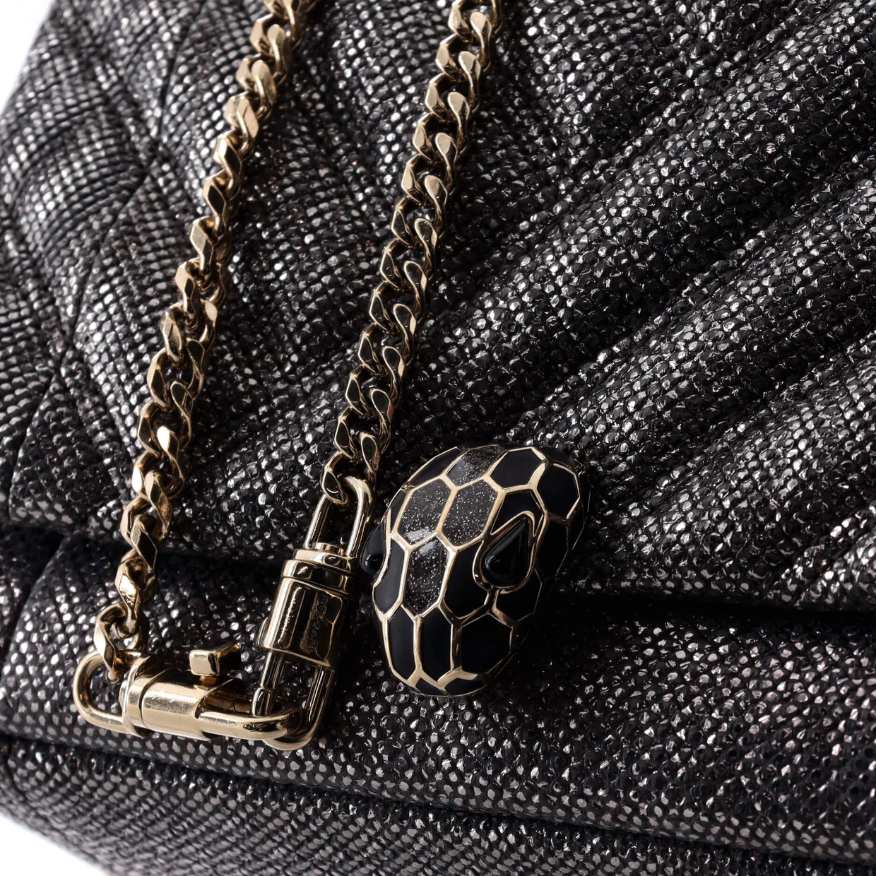 Serpenti Cabochon Shoulder Bag Diagonal Quilted Metallic Karung Small - Deep Luxury