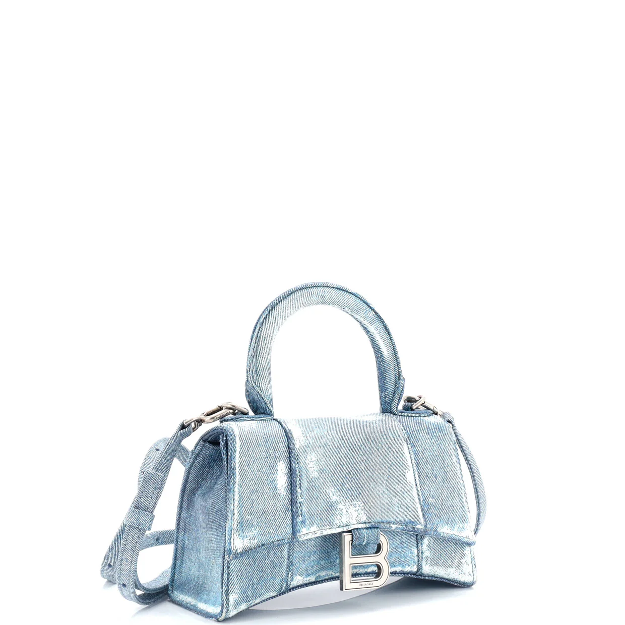 Hourglass Top Handle Bag Denim Printed Leather Small - Deep Luxury