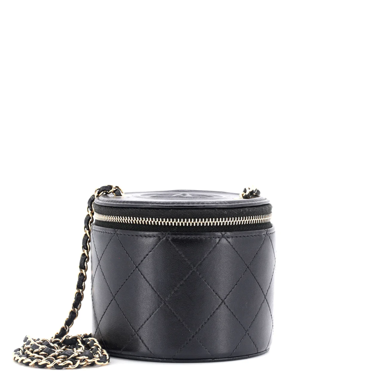 CC Round Vanity Case with Chain Quilted Lambskin Mini - Deep Luxury