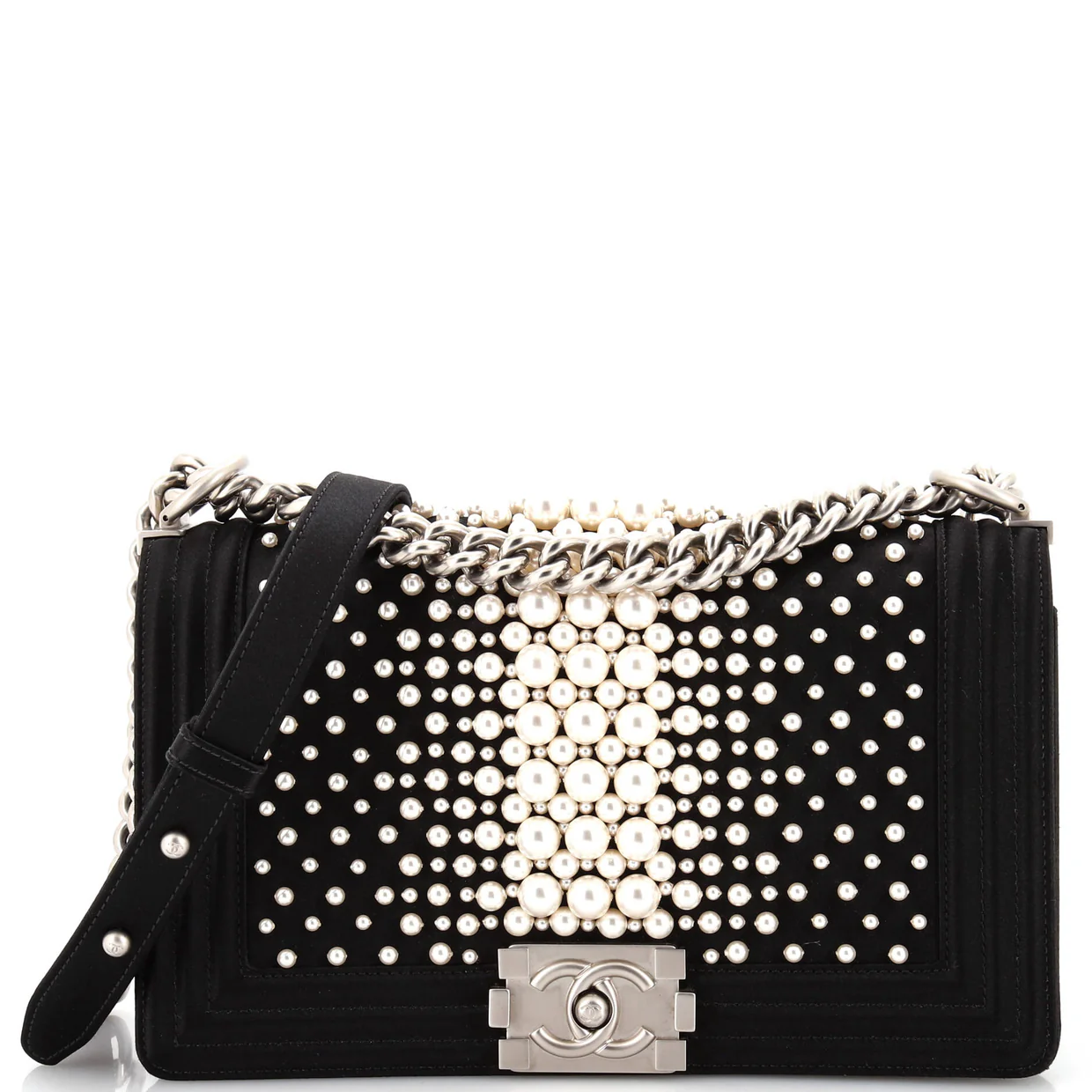 Boy Flap Bag Pearl Embellished Satin Old Medium - Deep Luxury