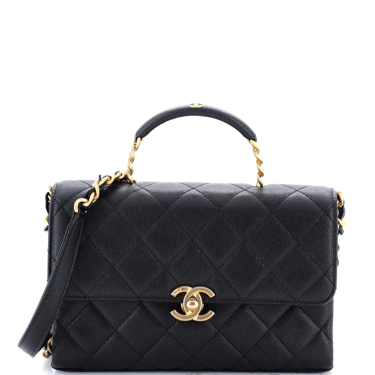 Carry Me Top Handle Flap Bag Quilted Caviar Small - Deep Luxury
