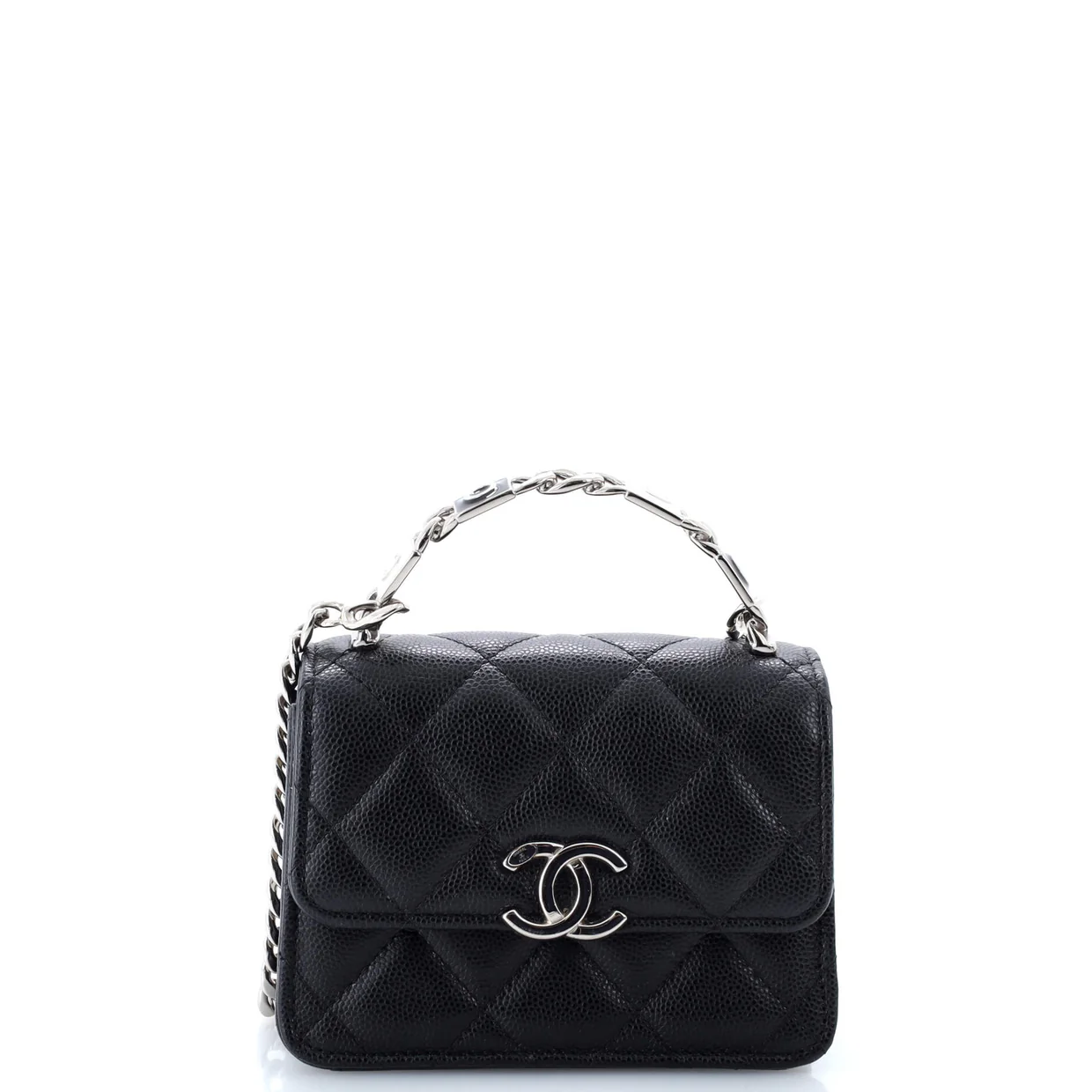 Coco Enamel Top Handle Flap Clutch with Chain Quilted Caviar - Deep Luxury