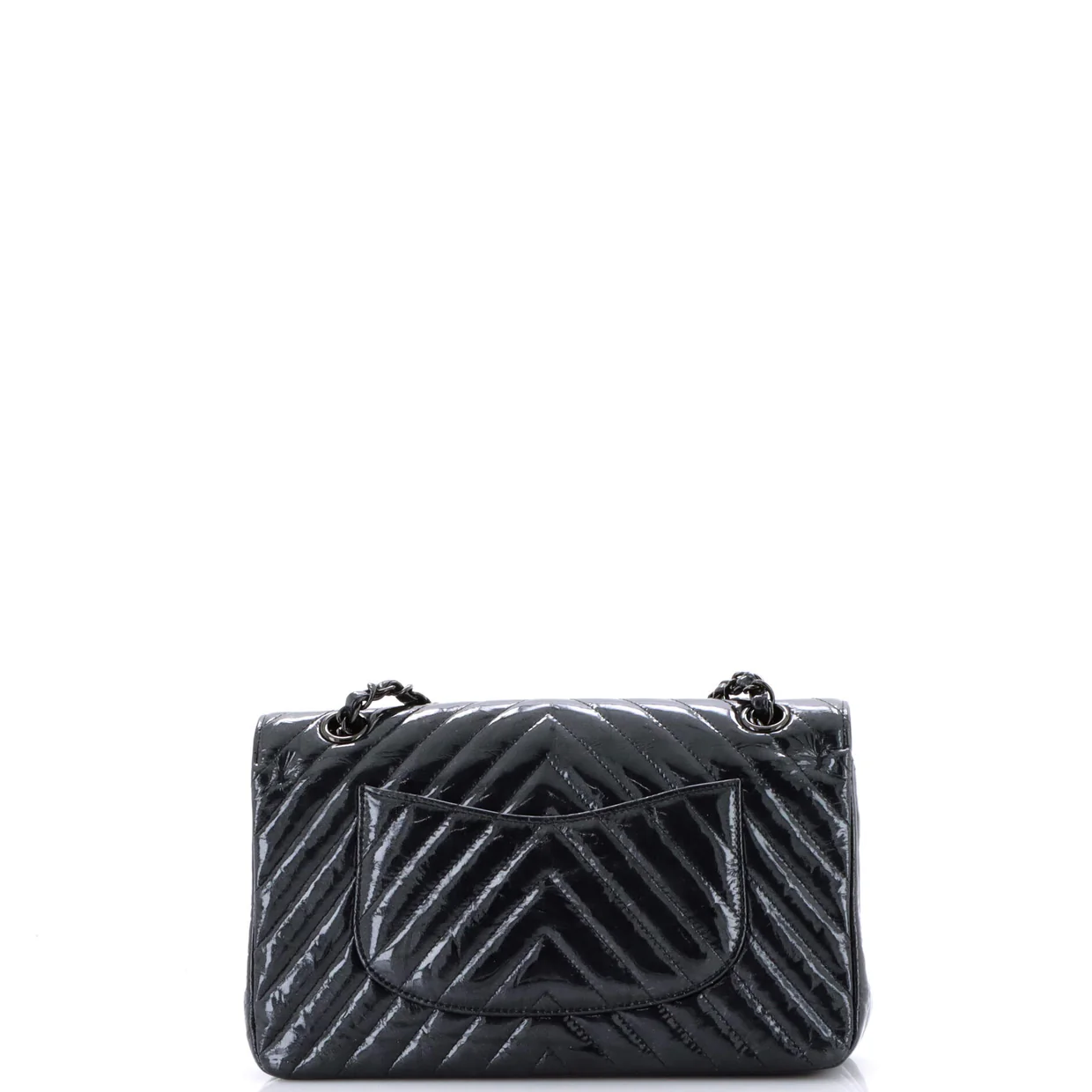 So Black Classic Double Flap Bag Chevron Crinkled Patent Medium - Deep Luxury