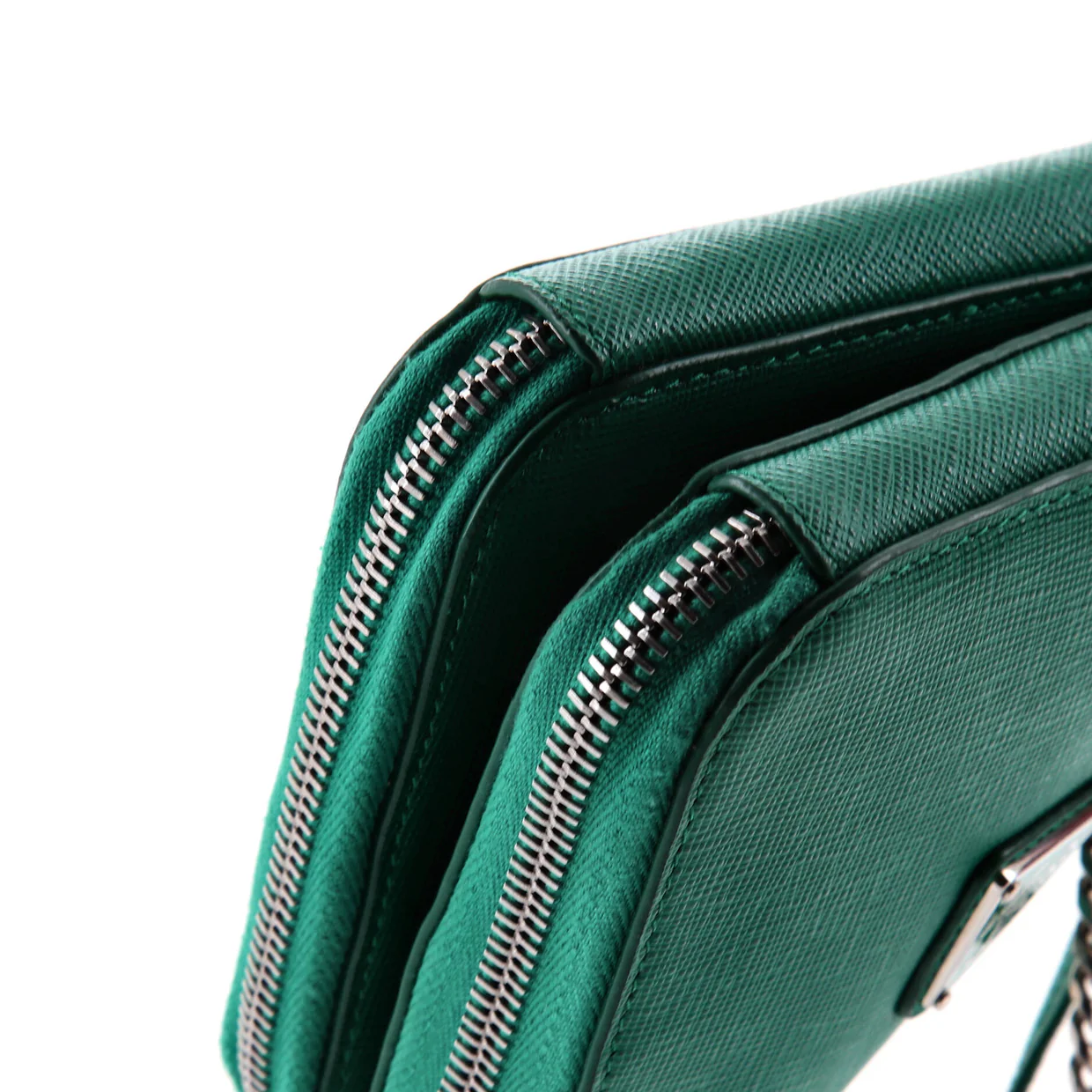 Triangle Double Zip Pouch Bag with Chain Saffiano Leather Mini - Deep Luxury
