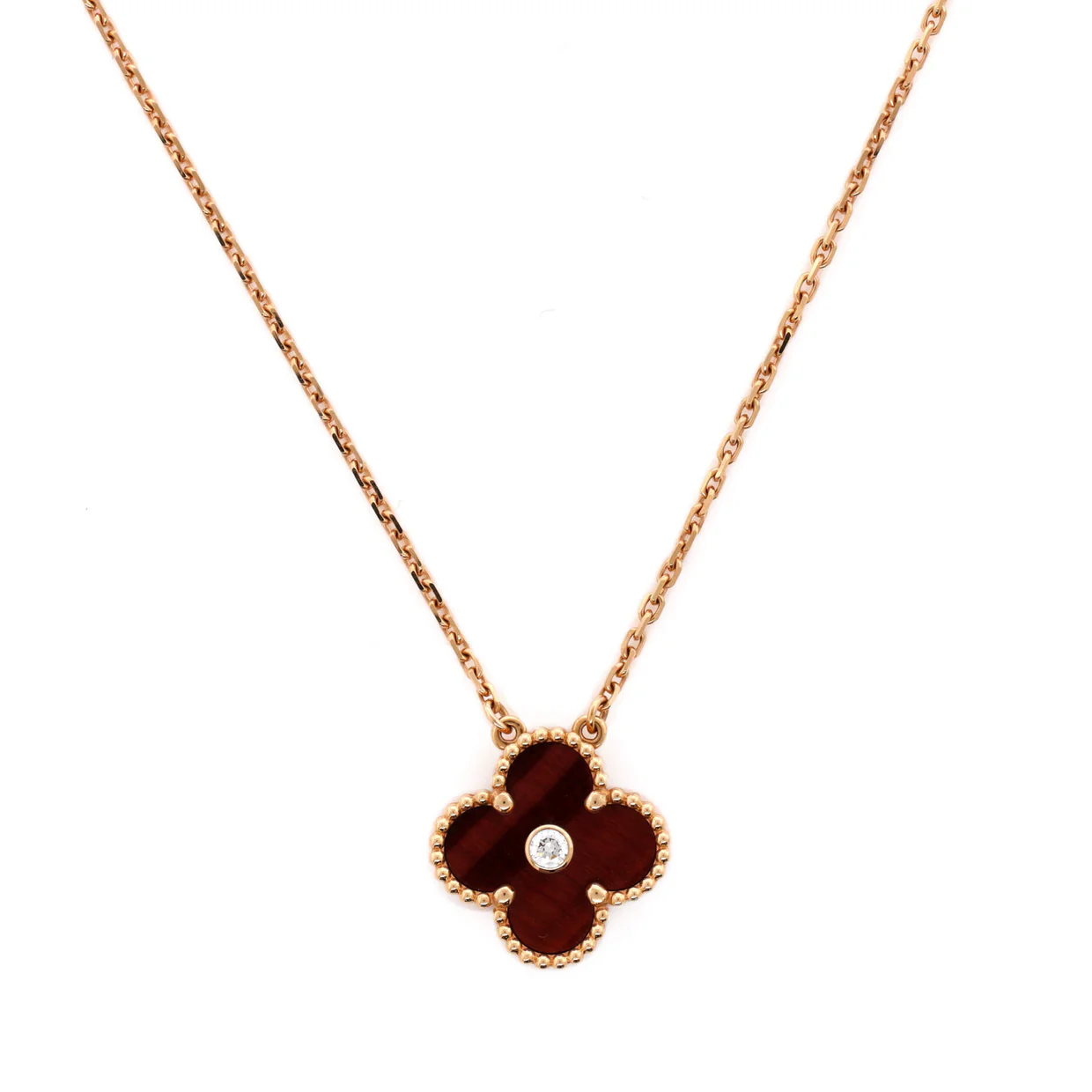 Vintage Alhambra Pendant Necklace 18K Rose Gold and Tiger Eye with Diamond - Deep Luxury