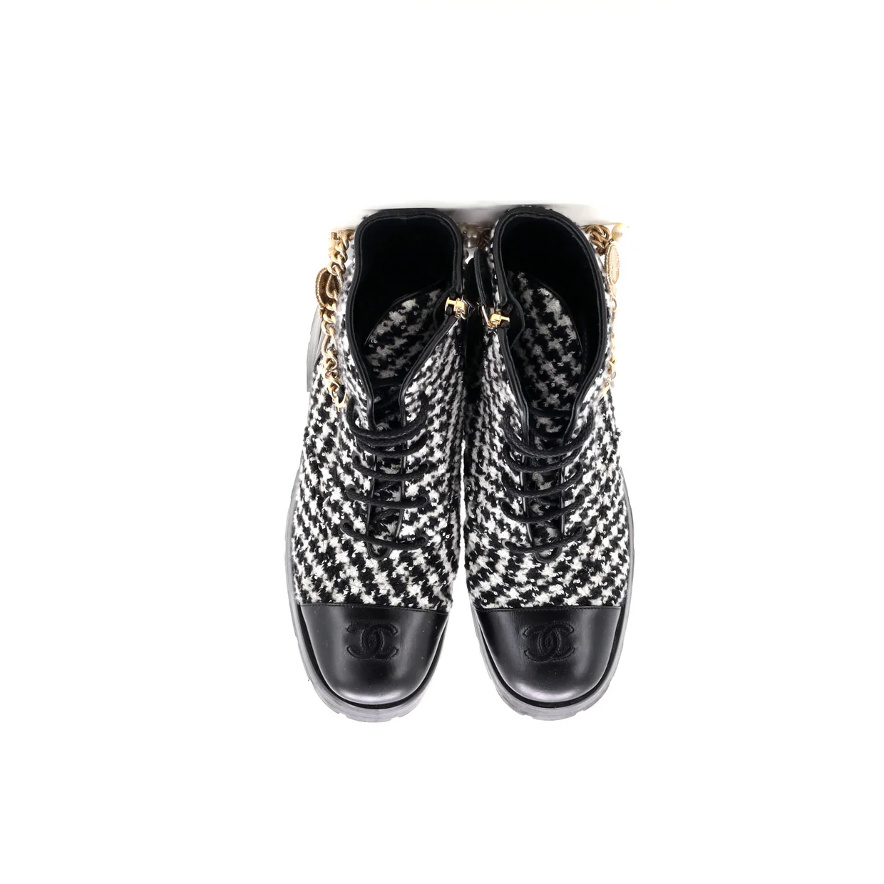 Women's Chain CC Cap Toe Lace Up Combat Boots Tweed and Leather - Deep Luxury