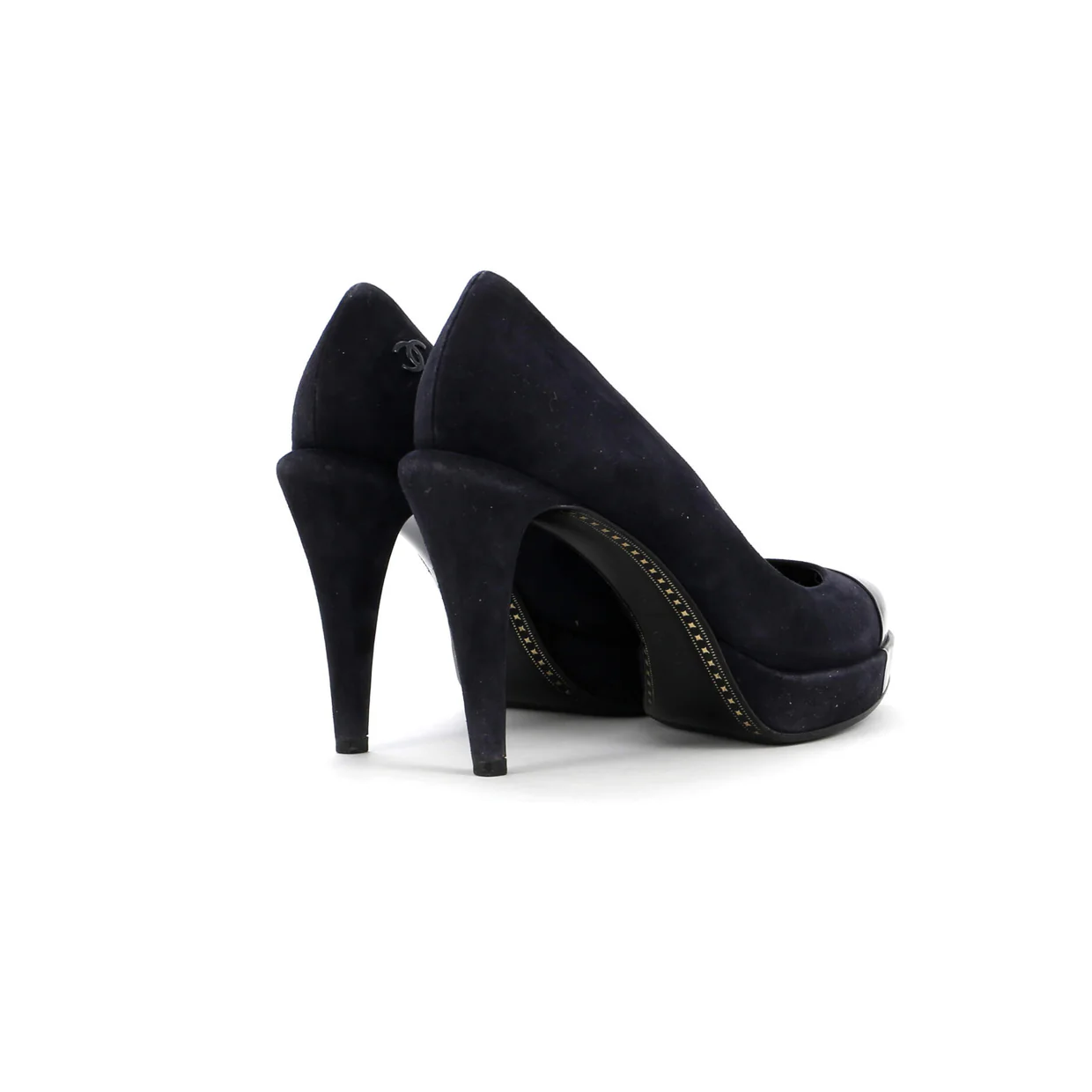 Women's CC Cap Toe Logo Heel Pumps Suede with Patent - Deep Luxury