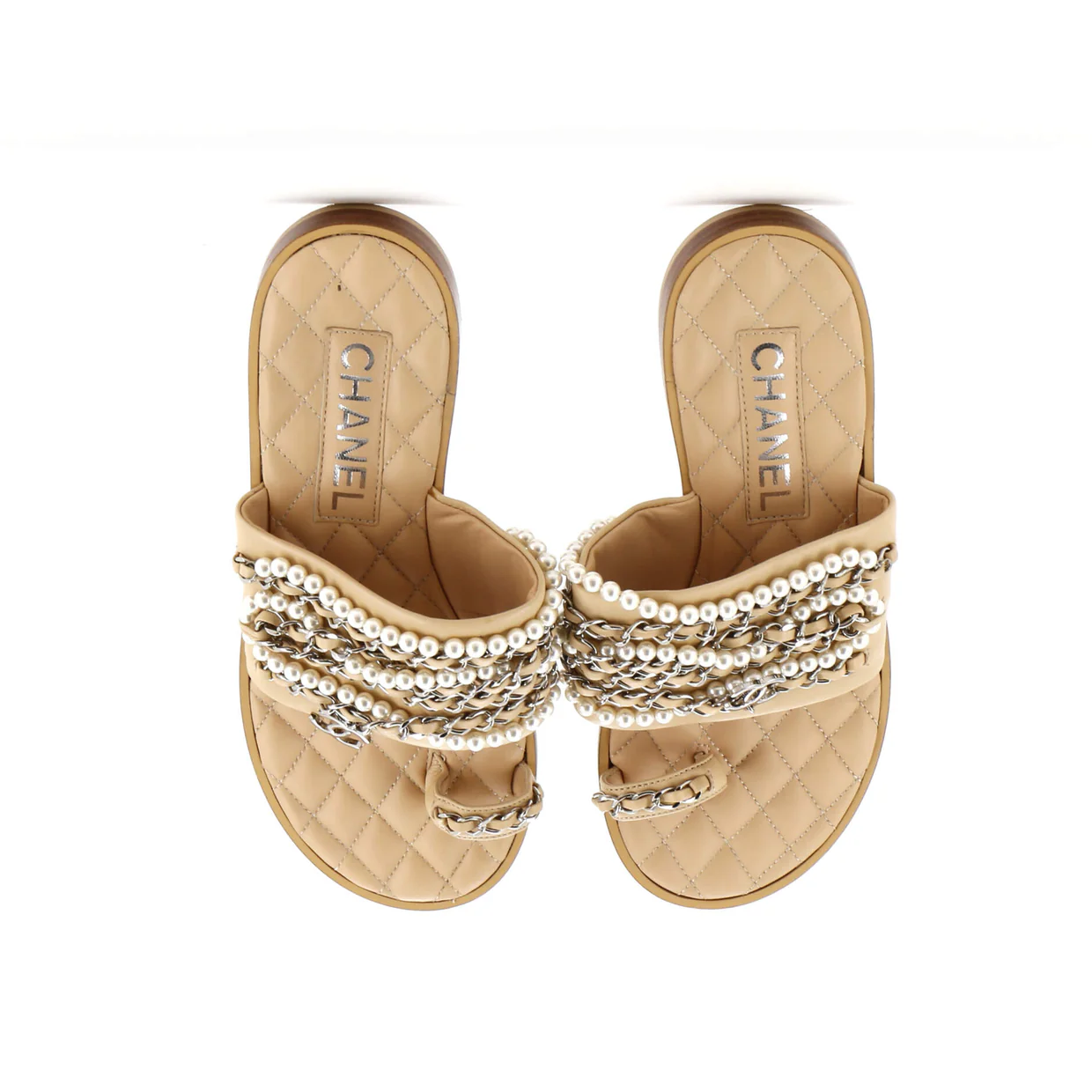Women's Pearl Chain Slipper Sandals Leather with Metal and Faux Pearls - Deep Luxury