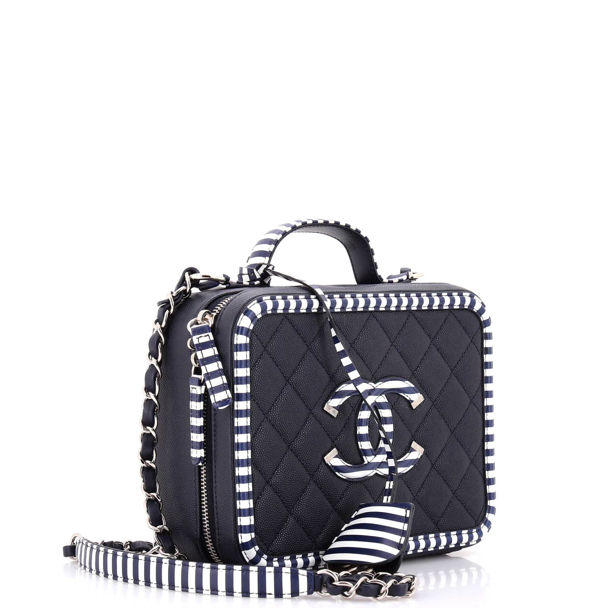 Filigree Vanity Case Quilted Caviar with Striped Leather Medium - Deep Luxury