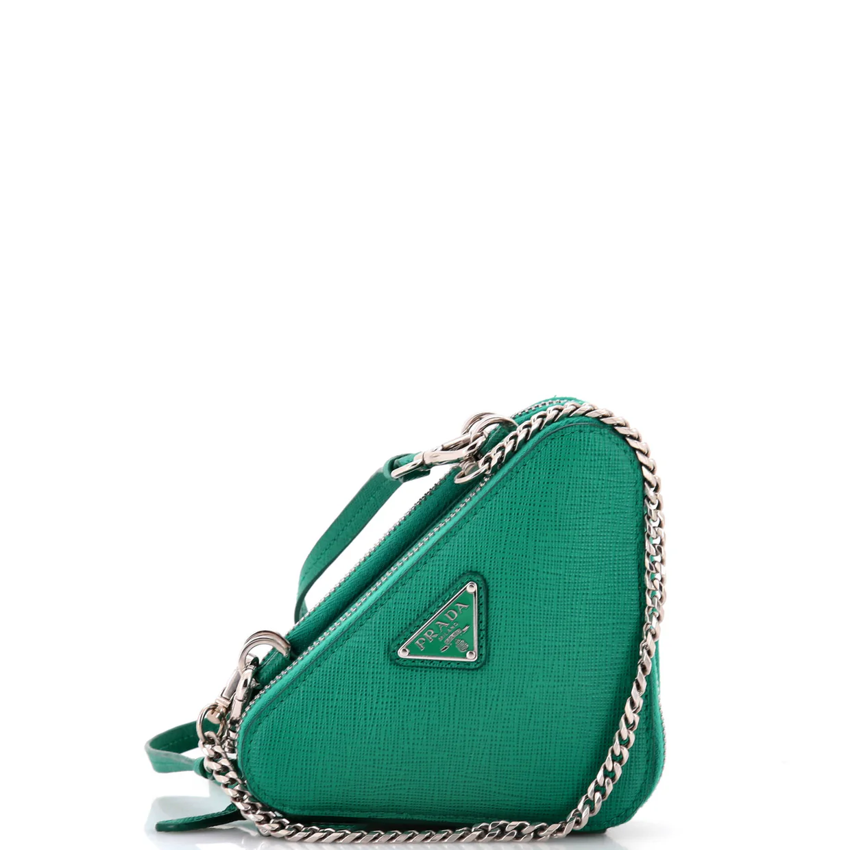 Triangle Double Zip Pouch Bag with Chain Saffiano Leather Mini - Deep Luxury