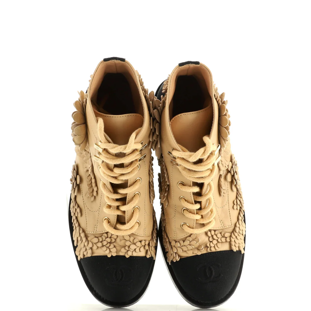 Women's CC Flowers Combat Boots Leather with Applique and Grosgrain - Deep Luxury
