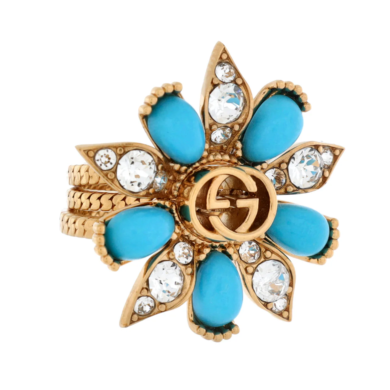 Interlocking G Flower 3 Row Stack Ring Metal with Faux Turquoise and Crystals - Deep Luxury