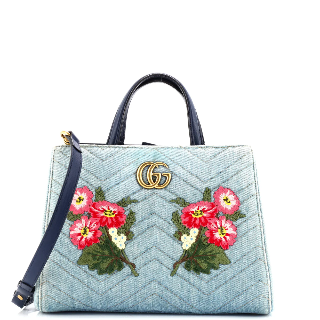 GG Marmont Tote Embroidered Matelasse Denim Small - Deep Luxury