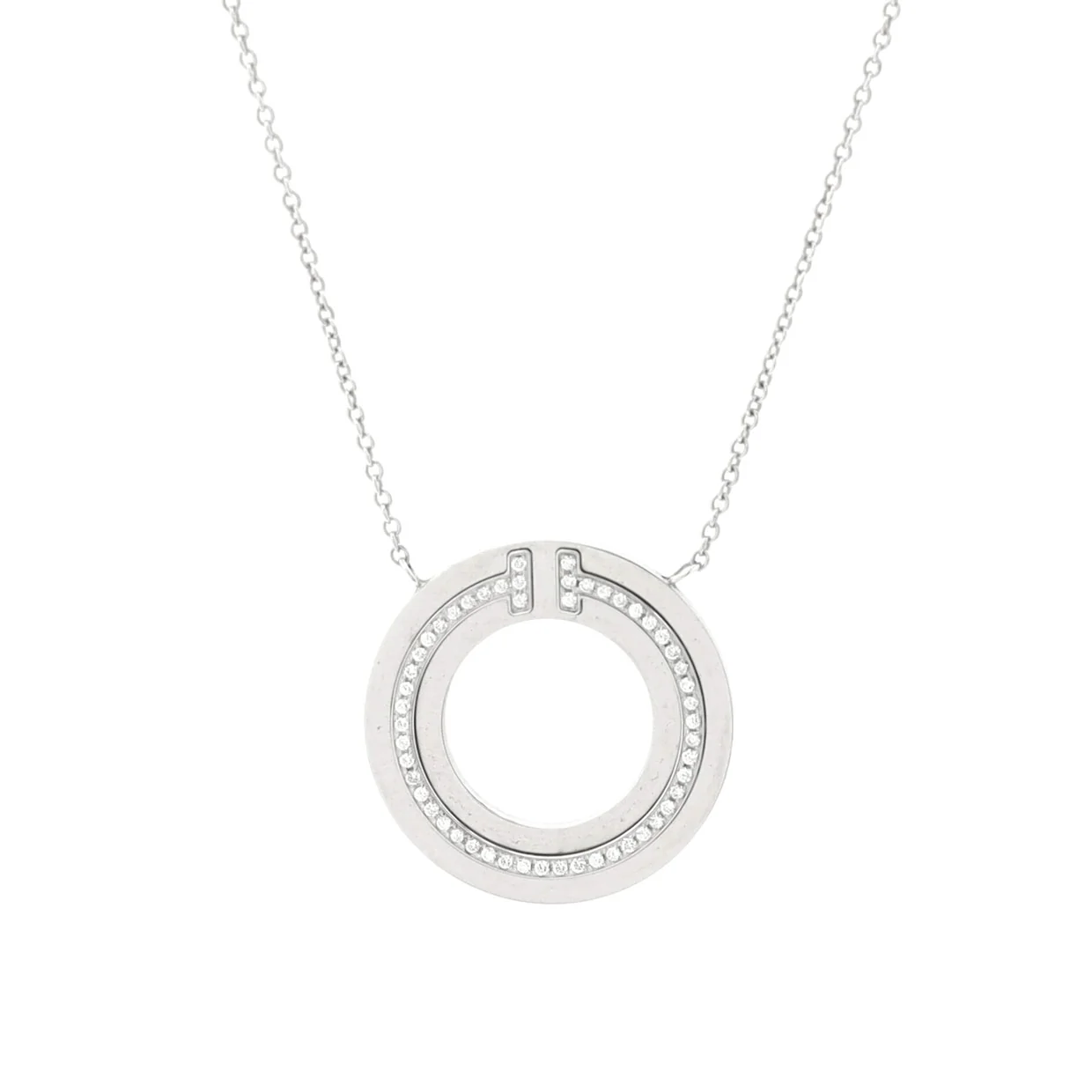 T Circle Pendant Necklace 18K White Gold with Diamonds Large - Deep Luxury