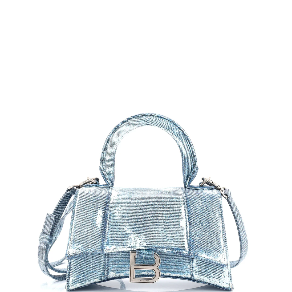 Hourglass Top Handle Bag Denim Printed Leather Small - Deep Luxury