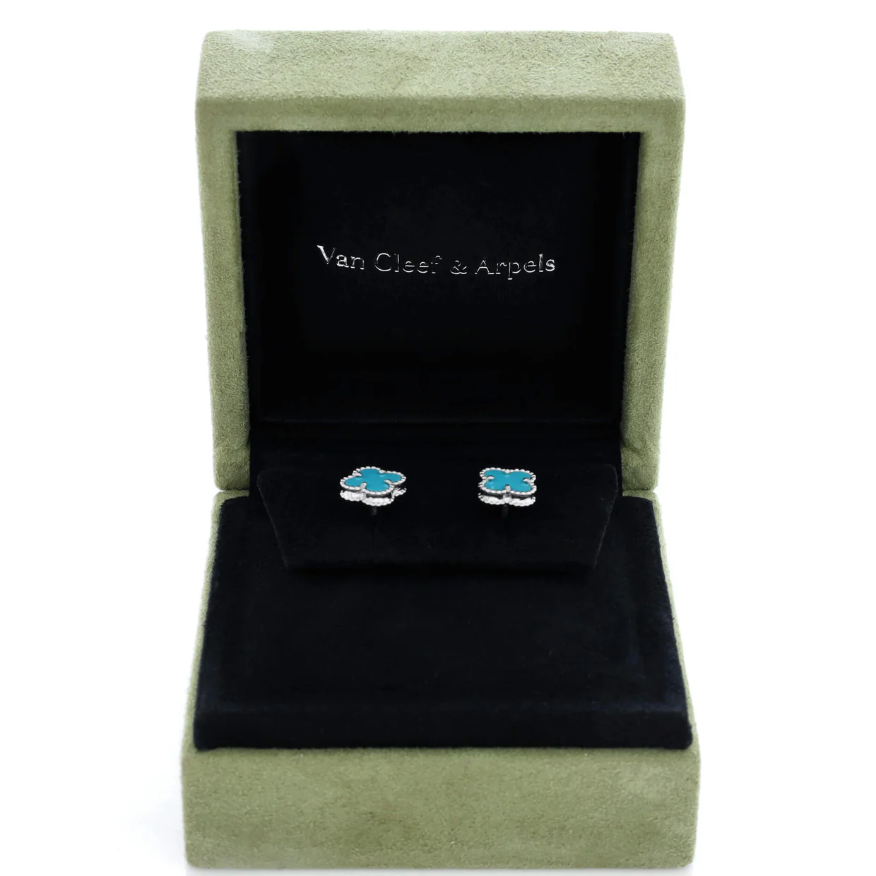 Sweet Alhambra Stud Earrings 18K White Gold and Turquoise - Deep Luxury