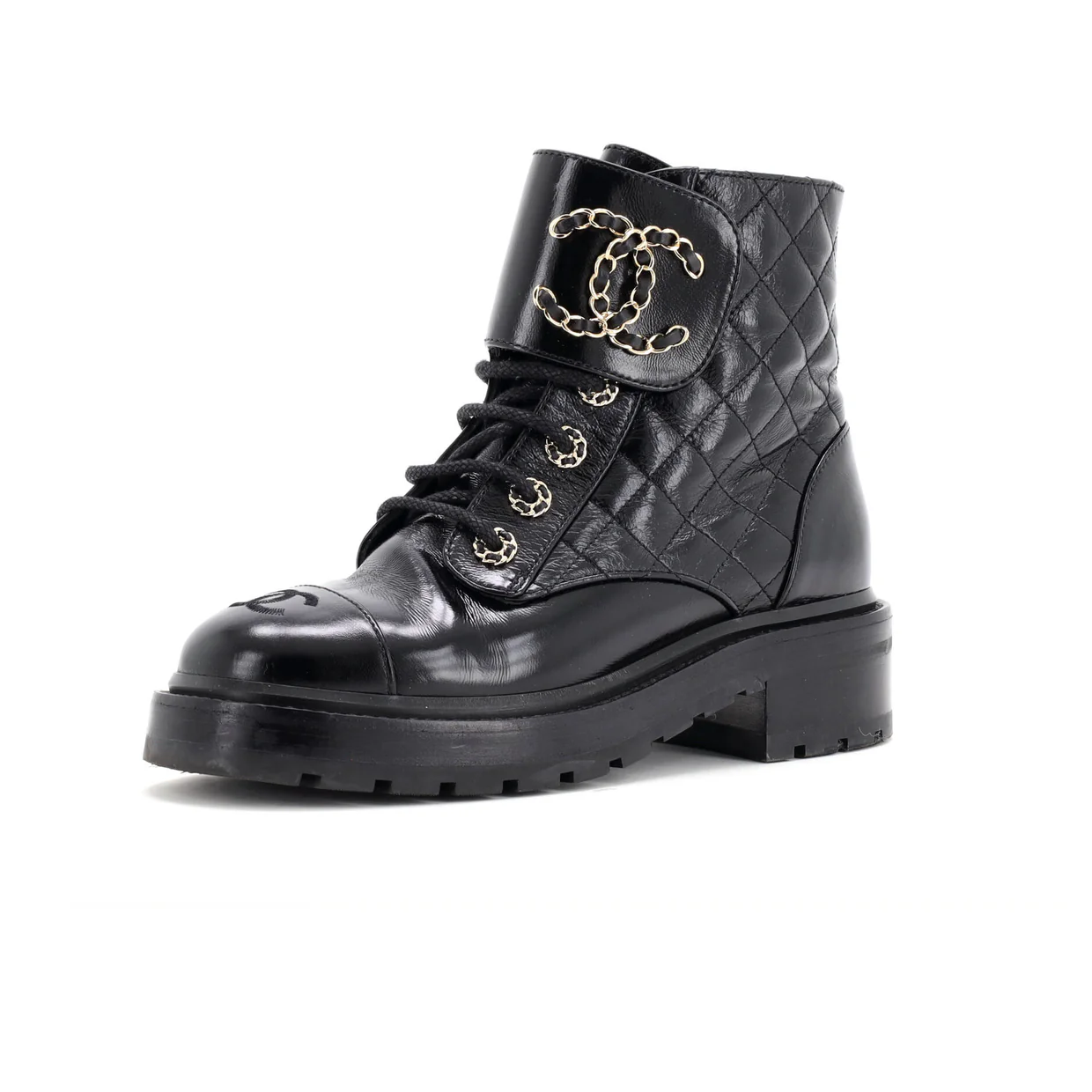Women's Chain CC Cap Toe Lace Up Combat Boots Quilted Shiny Calfskin - Deep Luxury