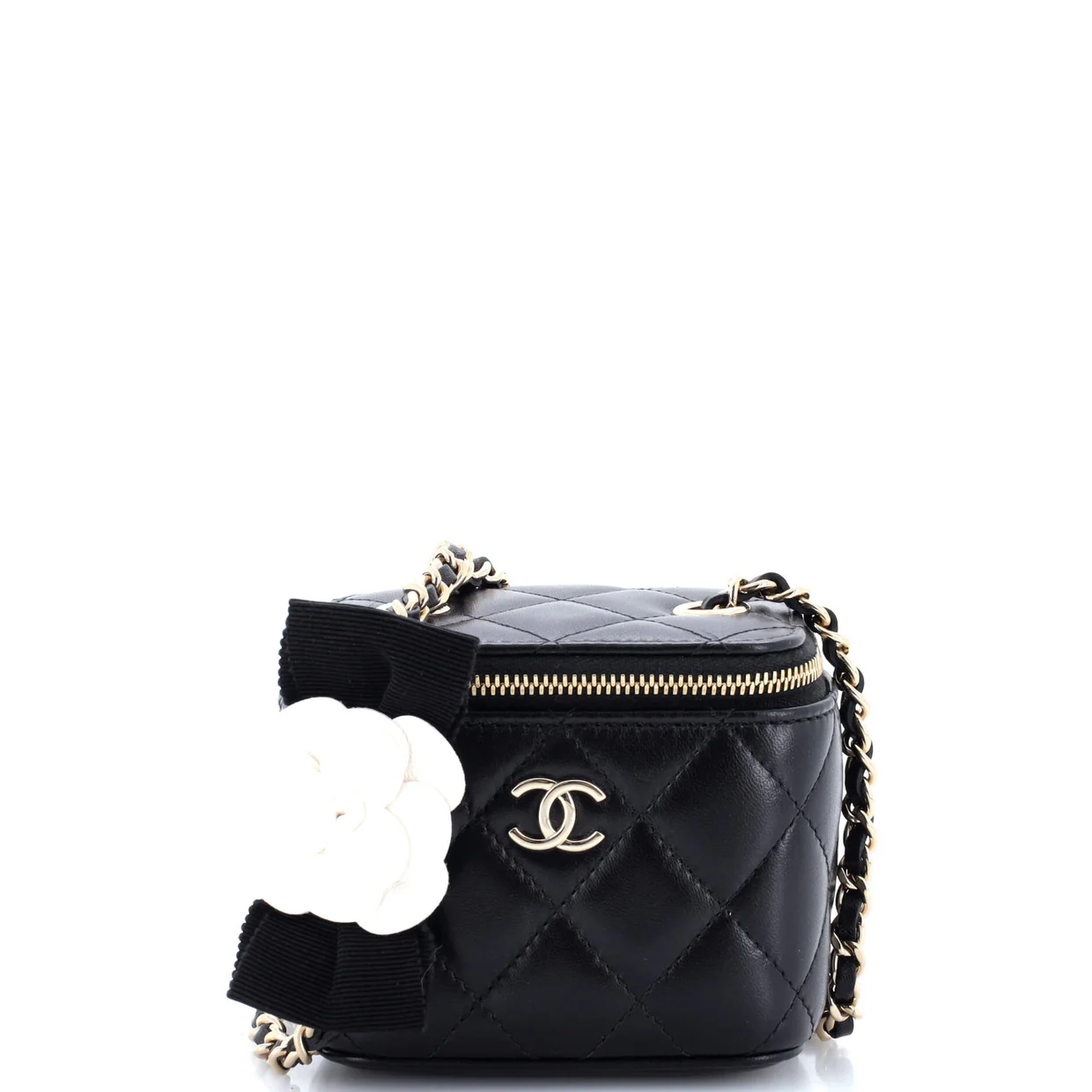 Camellia Bow Vanity Case with Chain Quilted Lambskin Mini - Deep Luxury