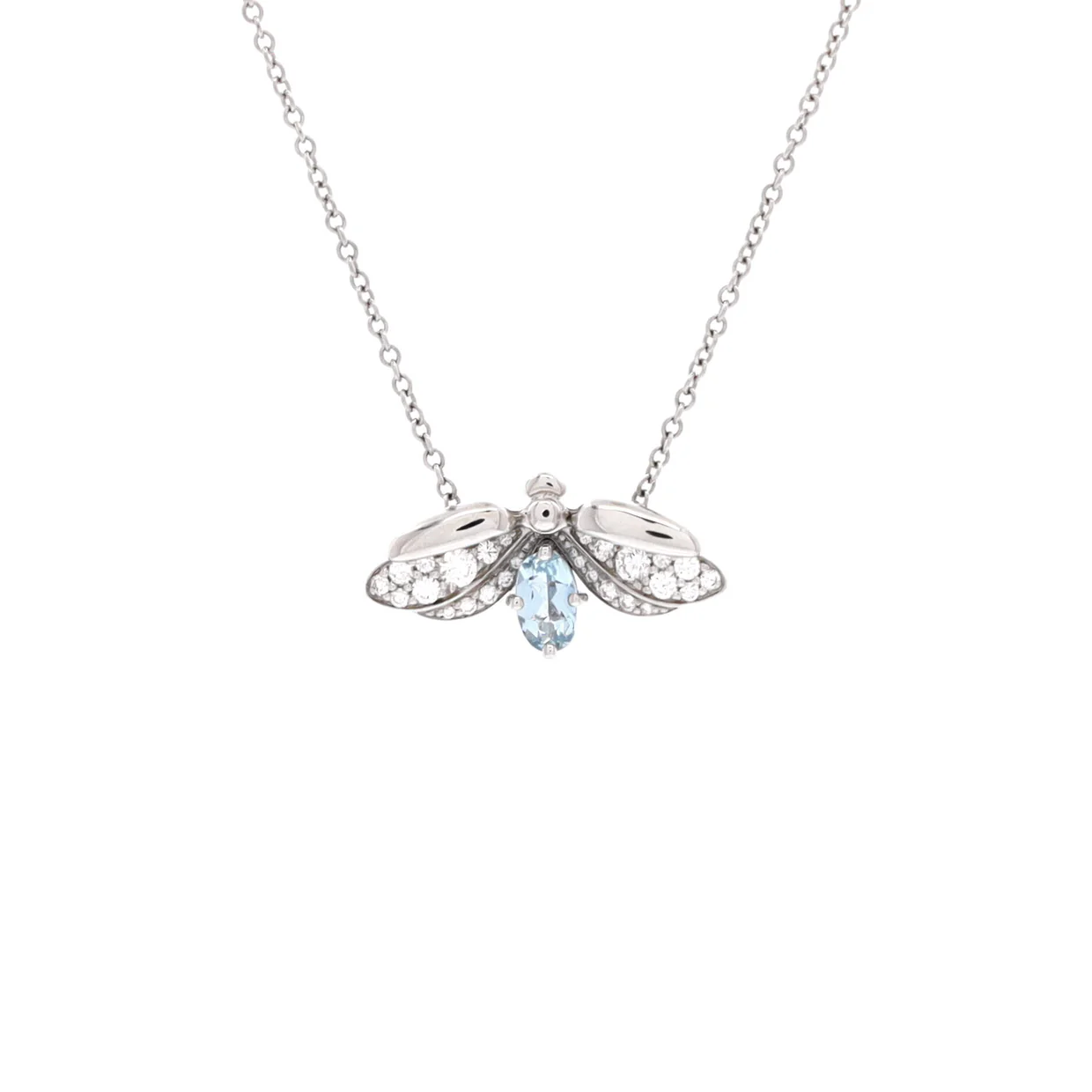 Paper Flowers Firefly Pendant Necklace Platinum with Diamonds and Aquamarine Small - Deep Luxury