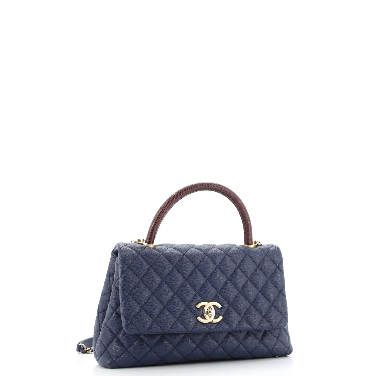 Coco Top Handle Bag Quilted Caviar with Lizard Embossed Handle Small - Deep Luxury