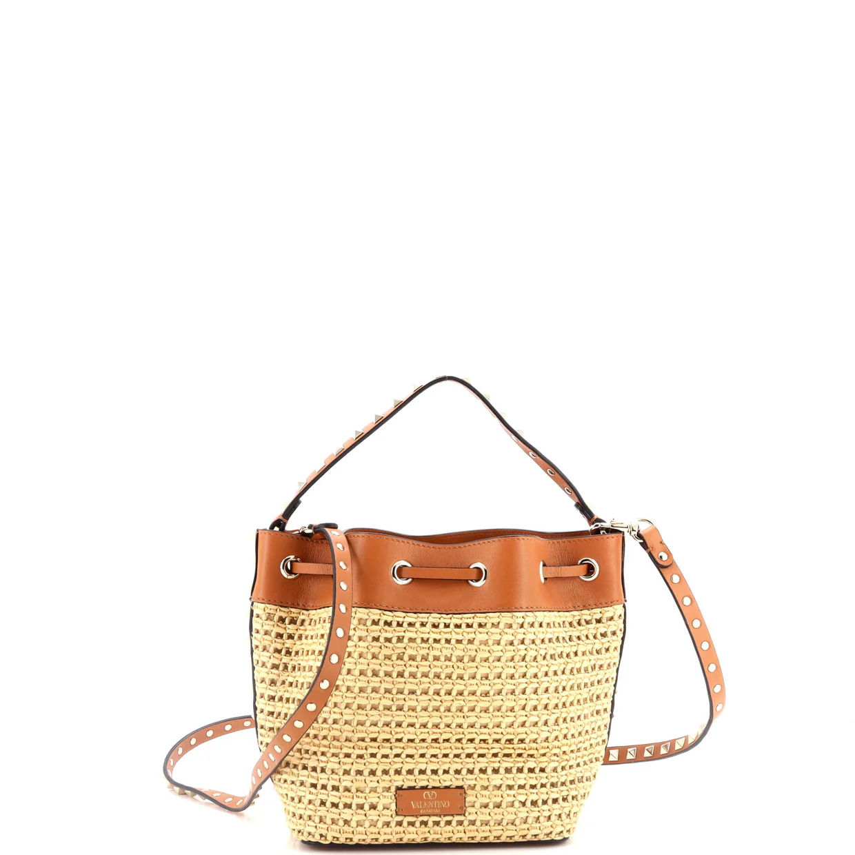 Convertible Rockstud Drawstring Bucket Bag Raffia with Leather Small - Deep Luxury